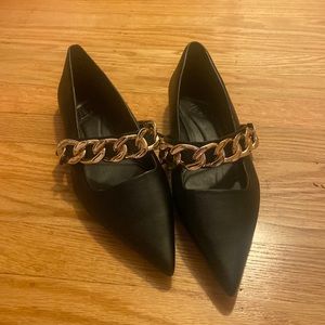 Zara | Black leather gold chain flats | Size 37 or 6 1/2